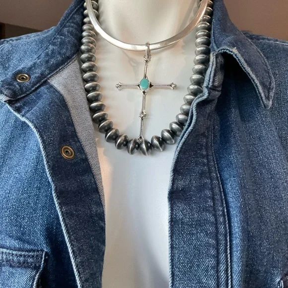 Taxco Silver Cross Necklace with Turquoise Center Stone - Picture 3 of 13